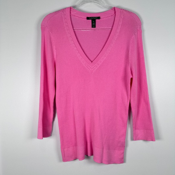 Lauren Ralph Lauren XL‎ Pink V-Neck Ribbed Cotton Pullover Sweater - Picture 1 of 6